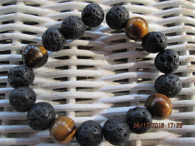 Lava Stone Tiger Eye Beaded Bracelet, Natural Gemstone Aromatherapy Bracelet, Buy One Get One Free, Handmade Gift, detail 3