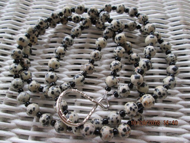 Dalmatian Jasper Beaded Lanyard 8mm, Natural Gemstone ID Badge Holder, Eyeglass Chain, Teacher Nurse Gift, Handmade, detail 5
