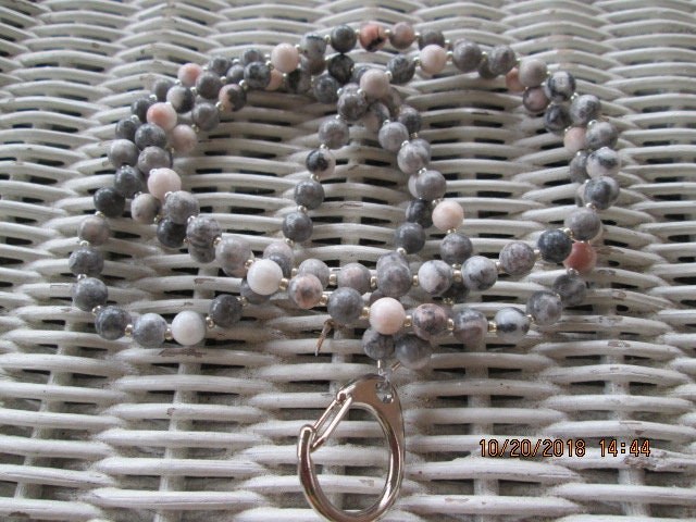 Lanyard, Pink Zebra Jasper 6mm Beaded Lanyard, 731