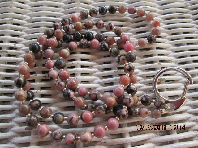 Lanyard, Rhodonite 6mm Beaded Lanyard, 729