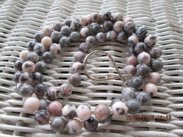 Pink Zebra Jasper Beaded Lanyard 8mm, Natural Gemstone ID Badge Holder, Eyeglass Chain, Teacher Nurse Gift, Handmade