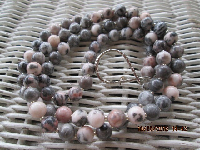 Pink Zebra Jasper Beaded Lanyard 8mm, Natural Gemstone ID Badge Holder, Eyeglass Chain, Teacher Nurse Gift, Handmade, detail 2