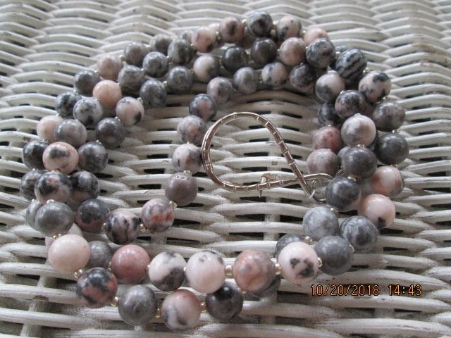 Pink Zebra Jasper Beaded Lanyard 8mm, Natural Gemstone ID Badge Holder, Eyeglass Chain, Teacher Nurse Gift, Handmade, detail 5