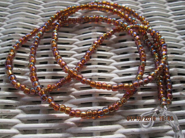 Handmade Beaded Eyeglass Chain: Dark Topaz AB Glass Beads, 1009, detail 2