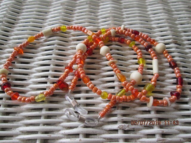 Orange Beaded Eyeglass Chain: Bone & Glass Bead Mix, 1042, detail 2