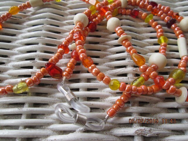 Orange Beaded Eyeglass Chain: Bone & Glass Bead Mix, 1042, detail 3