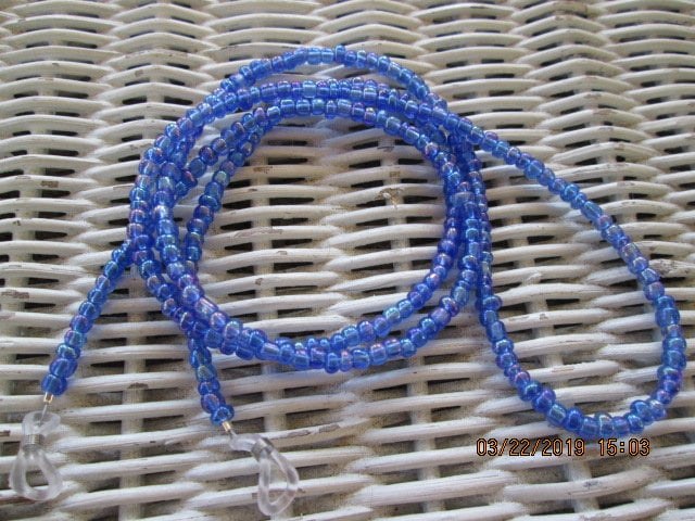Blue Seed Bead Eyeglass Chain: Silver Wire Necklace, 1030