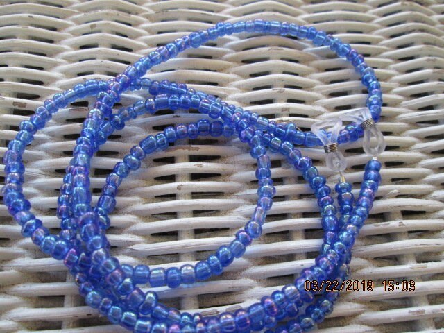Blue Seed Bead Eyeglass Chain: Silver Wire Necklace, 1030, detail 2