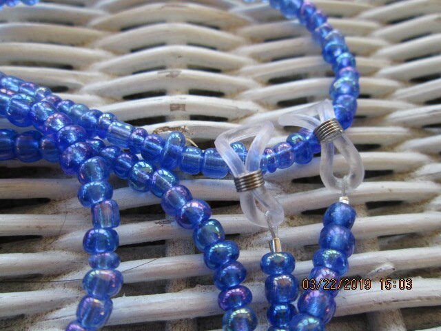 Blue Seed Bead Eyeglass Chain: Silver Wire Necklace, 1030, detail 3