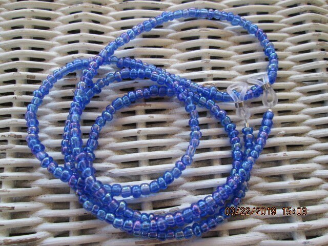Blue Seed Bead Eyeglass Chain: Silver Wire Necklace, 1030, detail 4