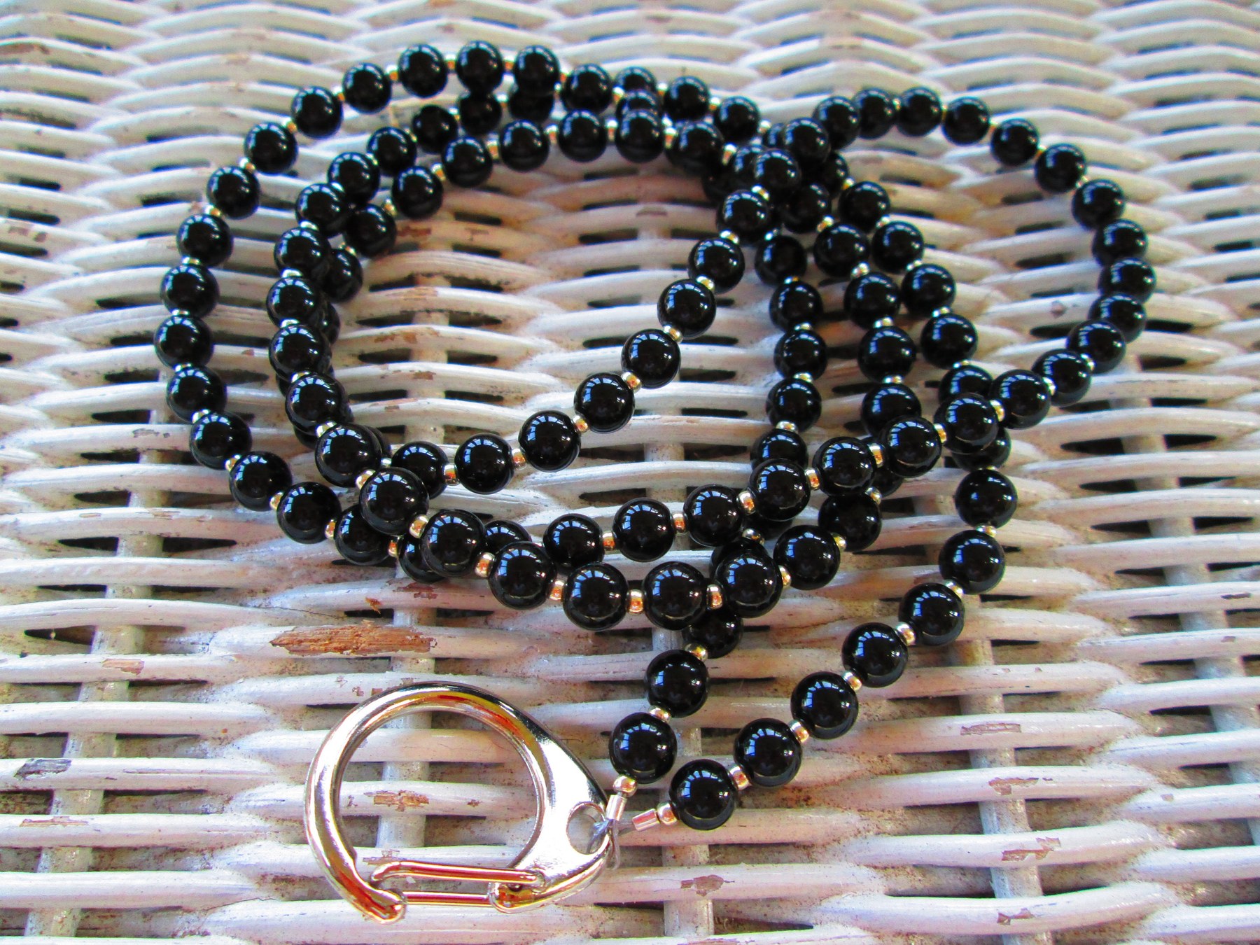 Black Jasper Beaded Lanyard, Natural Gemstone ID Badge Holder Necklace, Eyeglass Chain, Teacher Nurse Gift, Handmade
