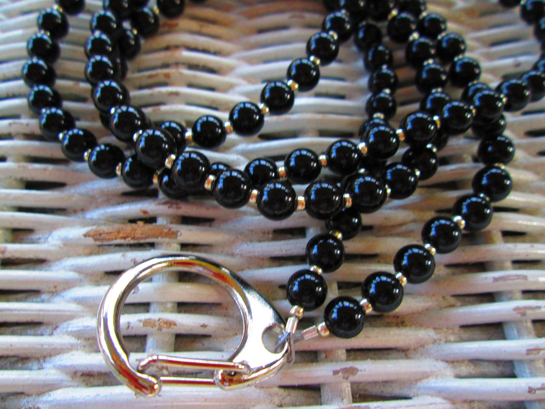 Black Jasper Beaded Lanyard, Natural Gemstone ID Badge Holder Necklace, Eyeglass Chain, Teacher Nurse Gift, Handmade, detail 2