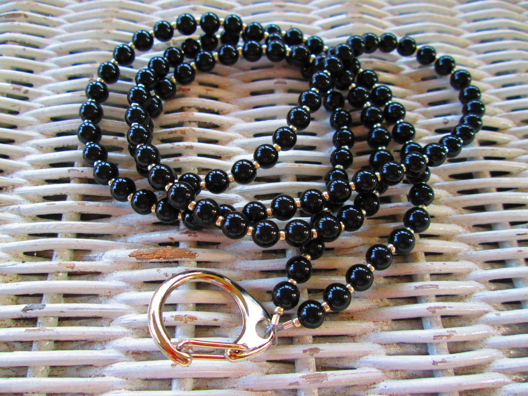 Black Jasper Beaded Lanyard, Natural Gemstone ID Badge Holder Necklace, Eyeglass Chain, Teacher Nurse Gift, Handmade, detail 3