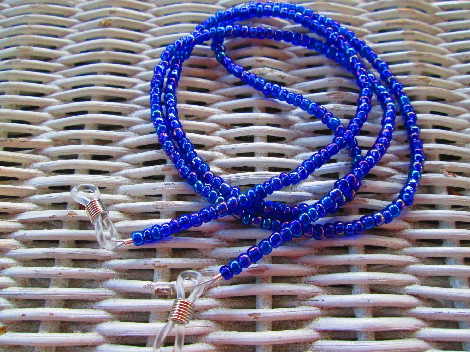 Sapphire Rainbow Glass Seed Bead Eyeglass Chain, Handmade, 1096