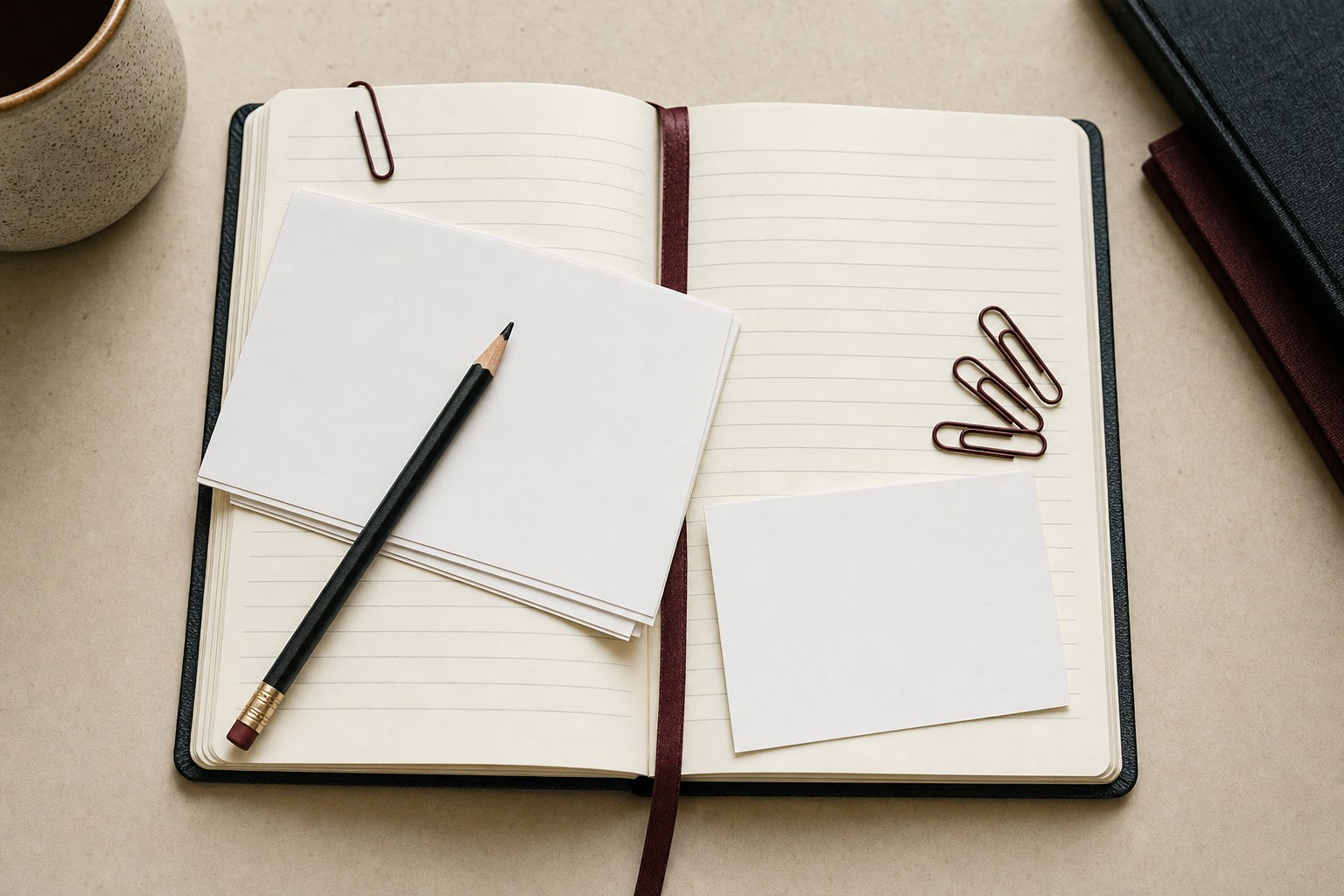 An open notebook with blank notes and a pencil on a desk