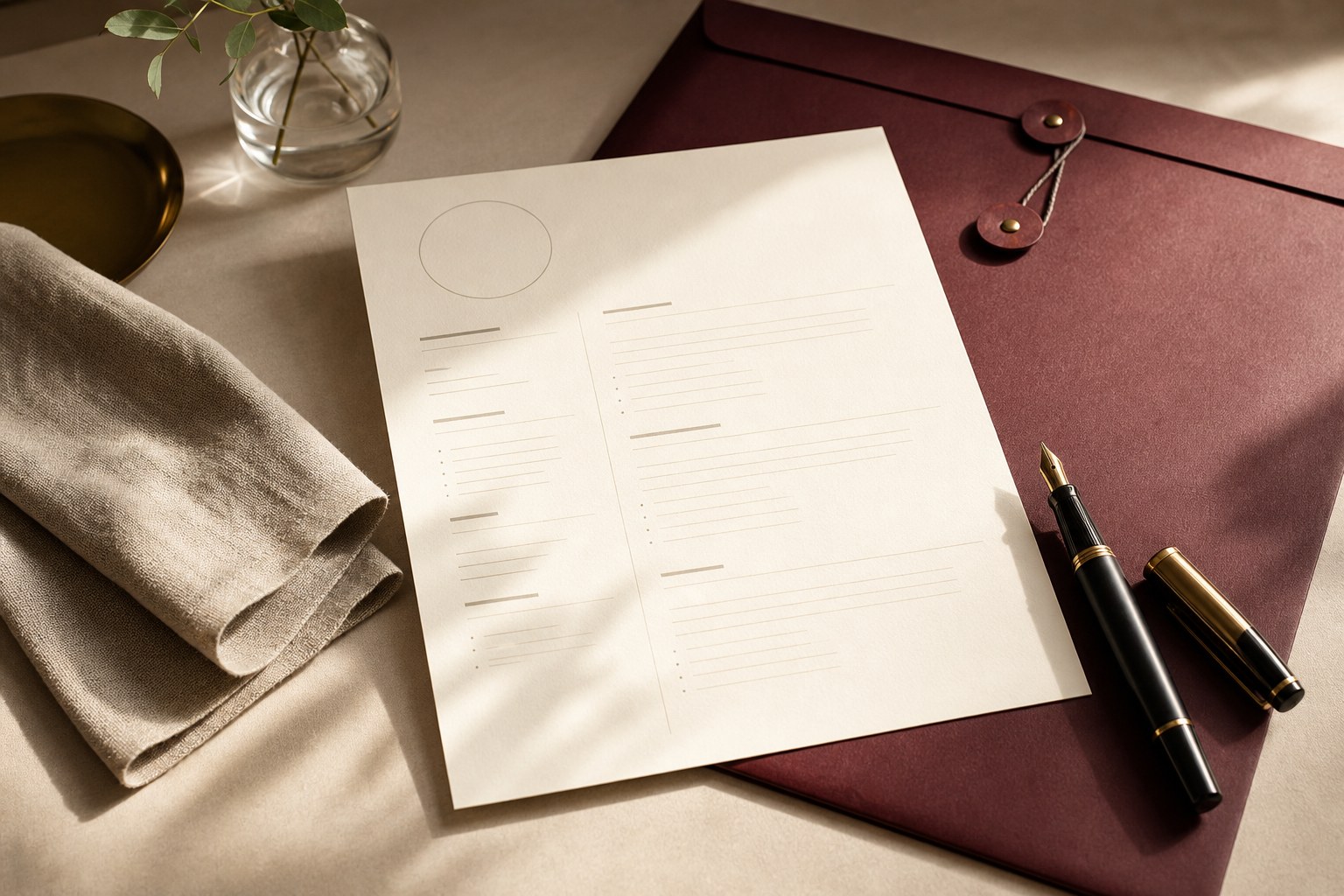 A blank resume on a cream desk beside a fountain pen and oxblood folder