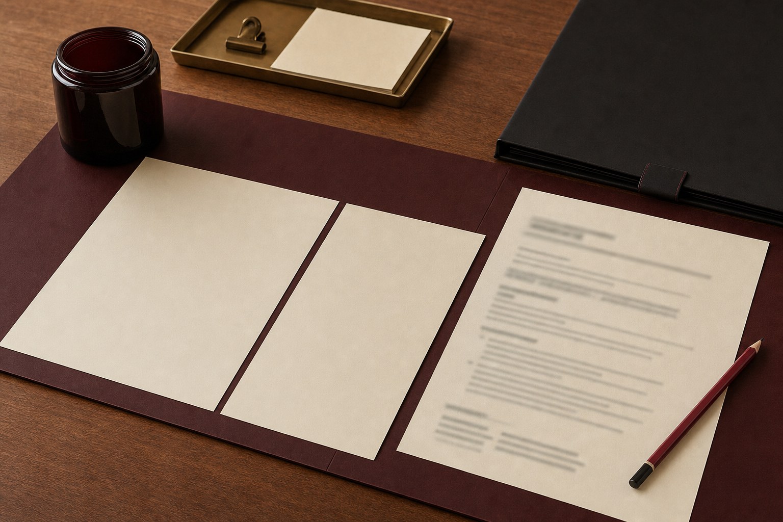 Resume documents and a job description arranged on a dark red writing desk