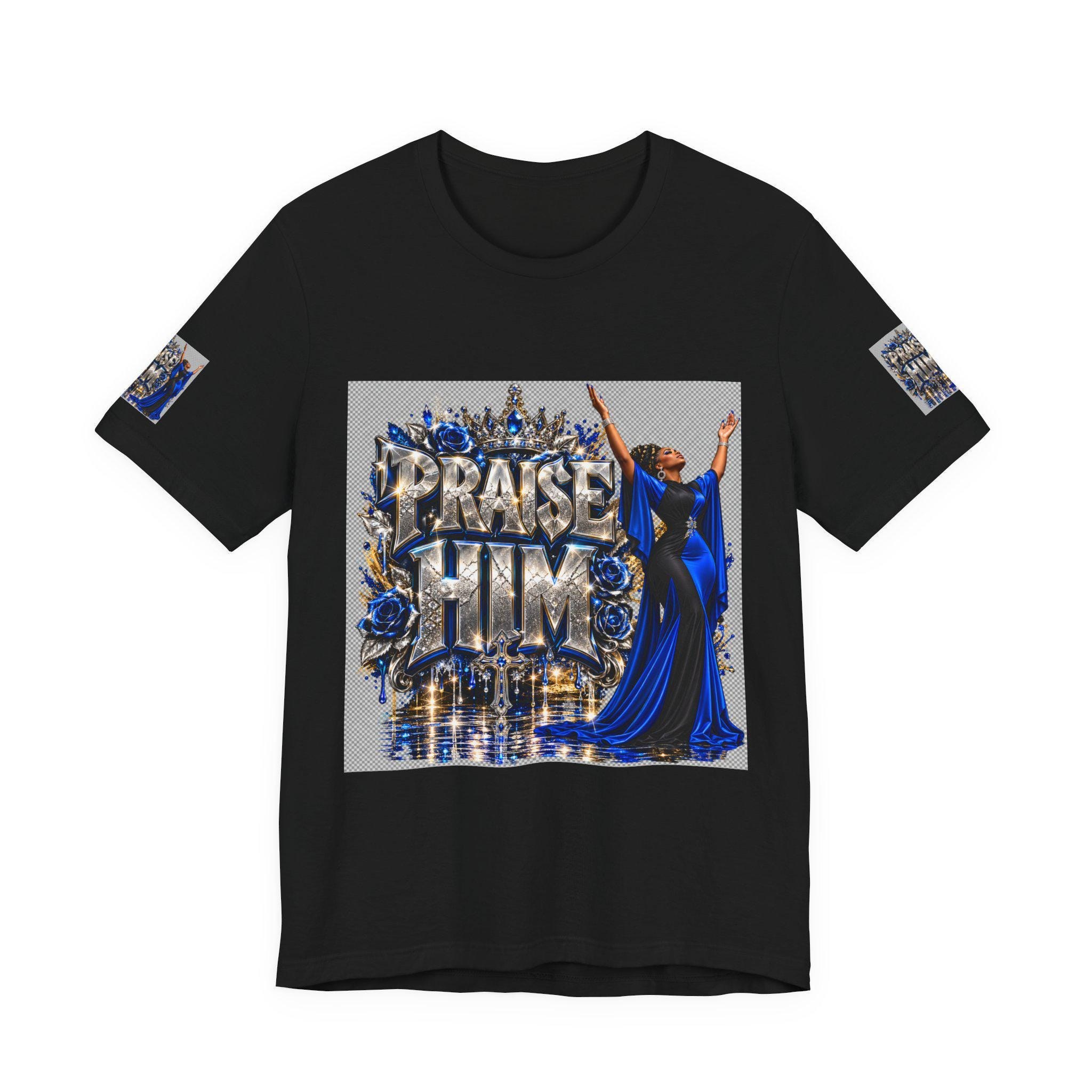 Praise Him design T-Shirt | Religious Christian worship graphic, blue gown worshiper, view 4