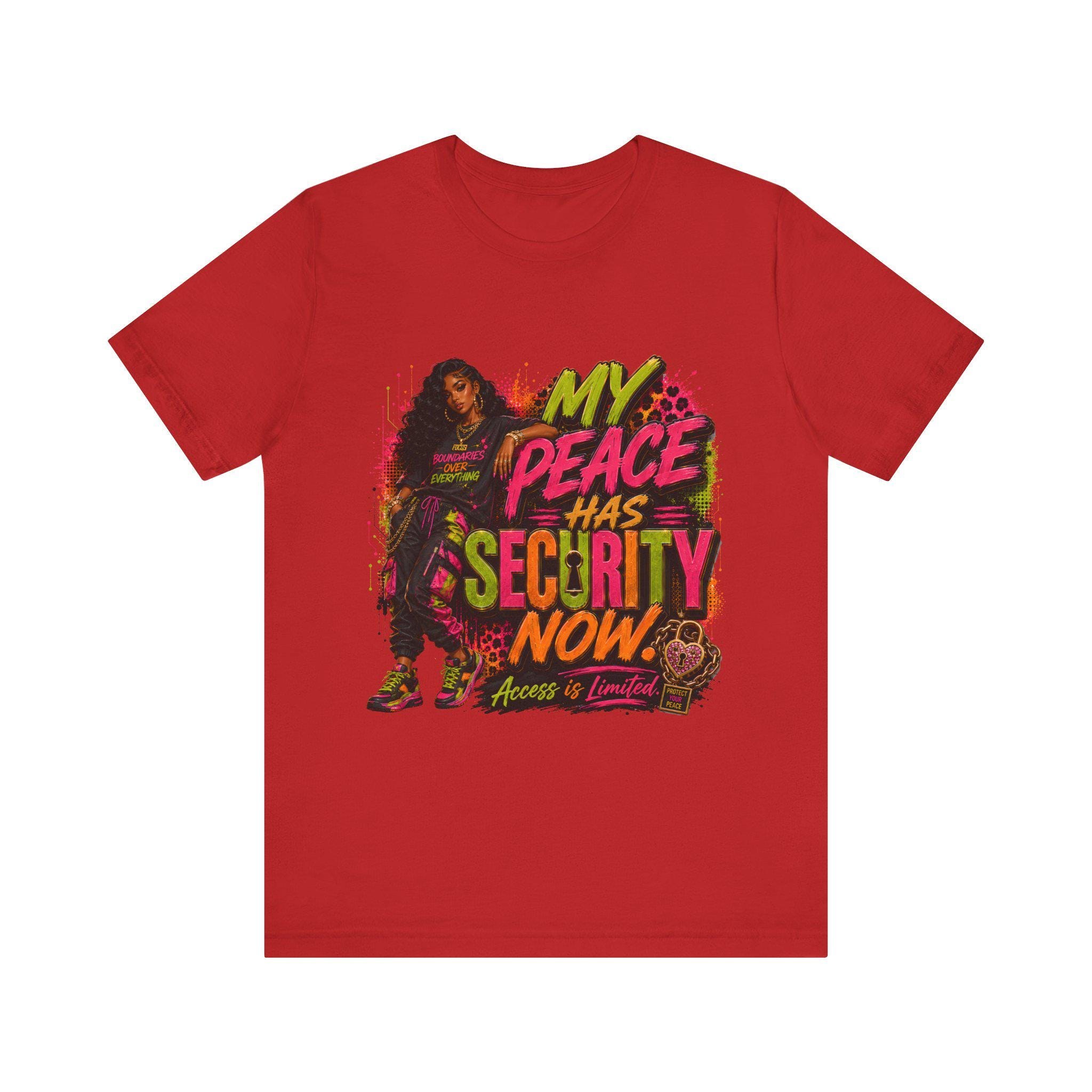 My Peace Has Security Now tee | Bold graffiti text, woman illustration, neon grunge, view 4