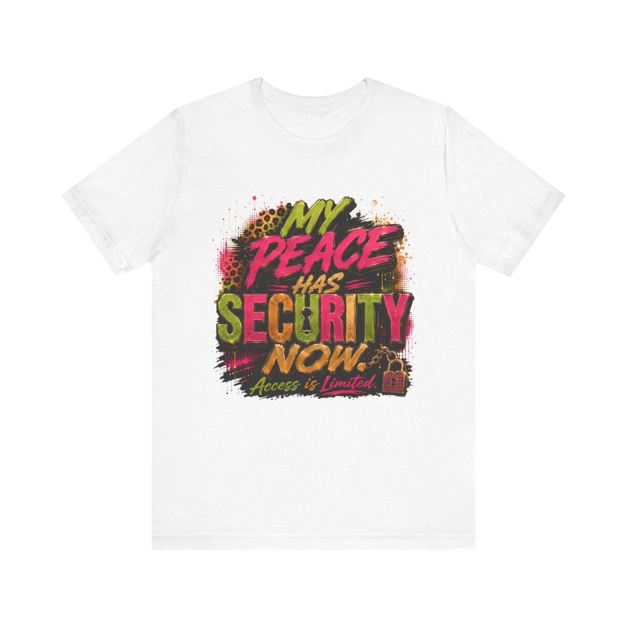 My Peace Has Security Now T-Shirt | Graphic Text Tee, Grunge Neon Design, view 2