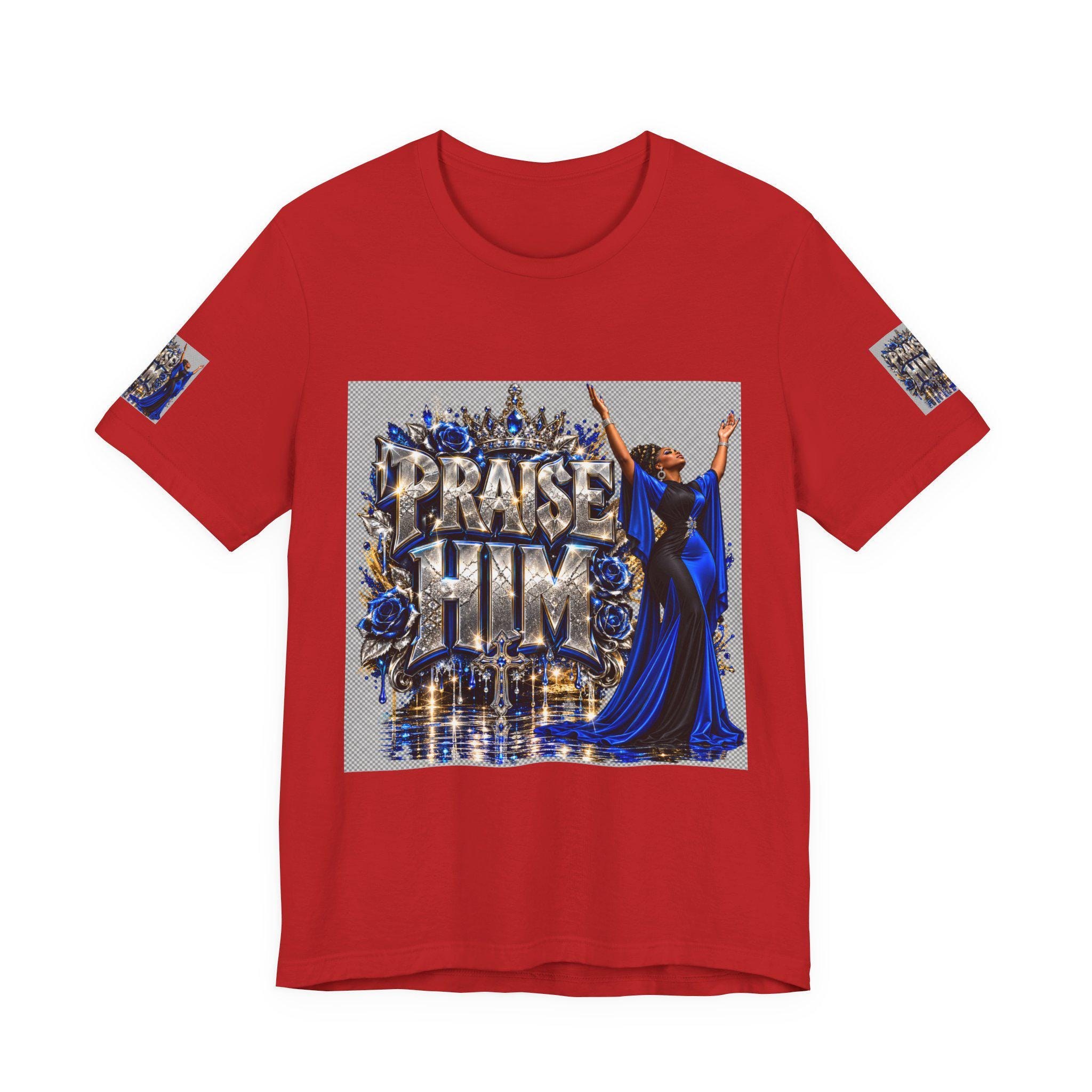 Praise Him design T-Shirt | Religious Christian worship graphic, blue gown worshiper, view 10