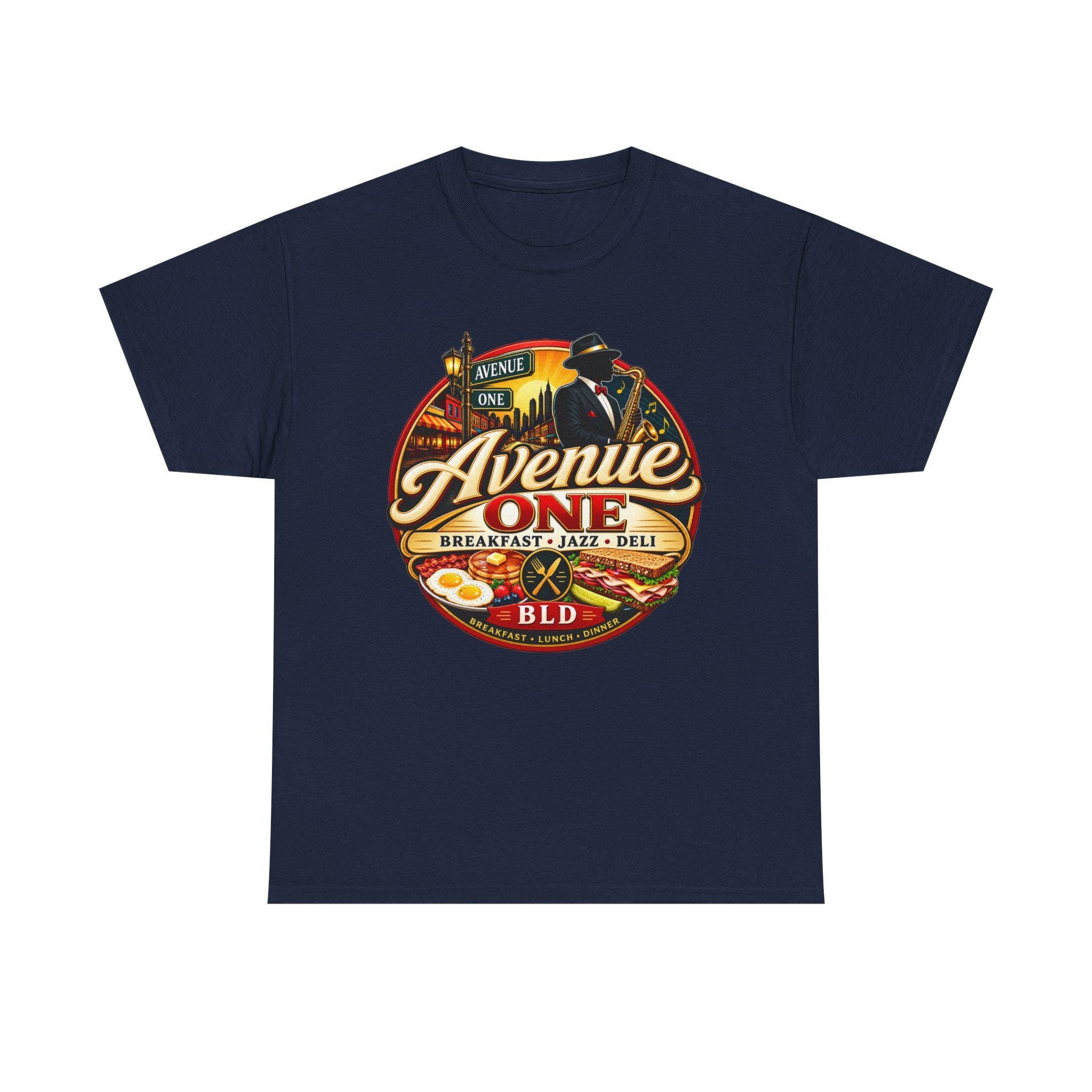 Avenue One Deli Logo Tee | Retro Breakfast Jazz Diner Design, view 5