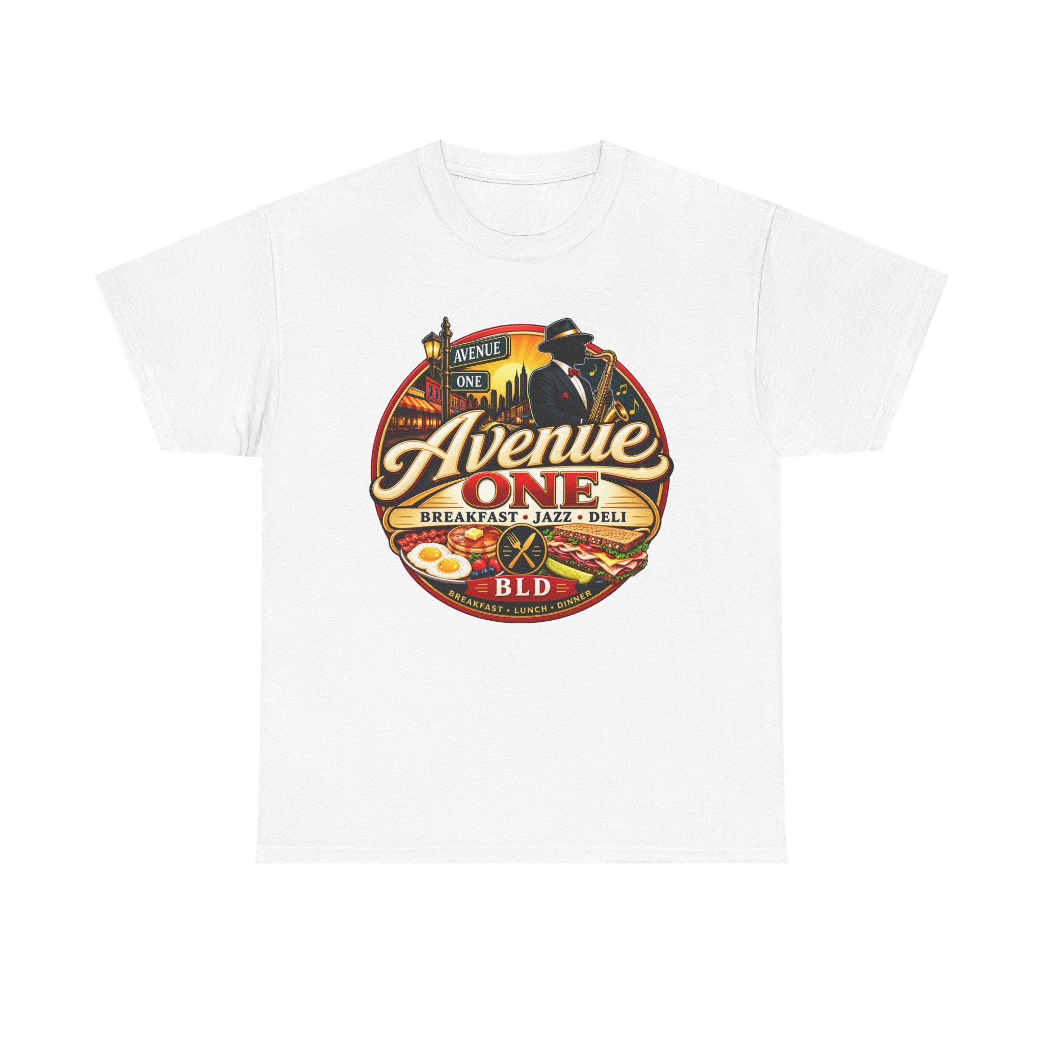Avenue One Deli Logo Tee | Retro Breakfast Jazz Diner Design, view 2