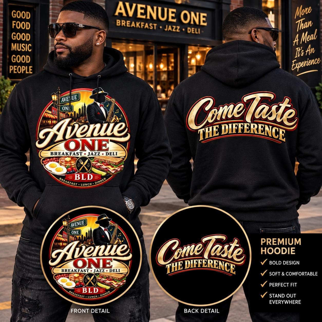 Avenue One Retro Diner Logo Hoodie | Come Taste the Difference Pullover