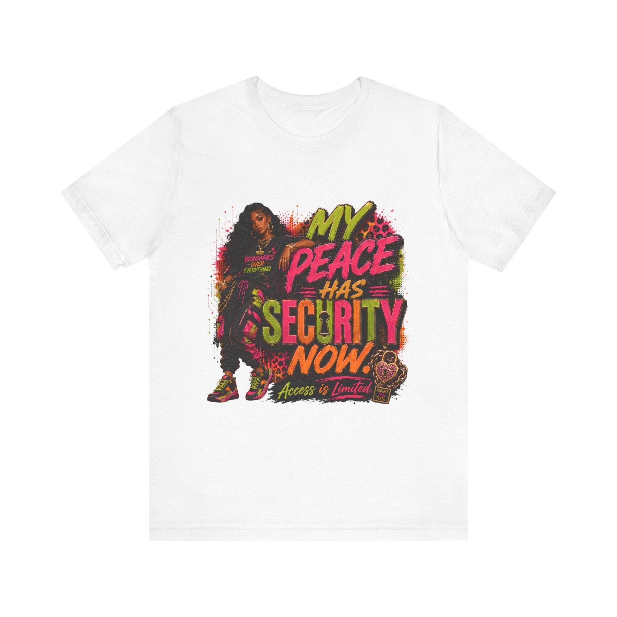 My Peace Has Security Now tee | Bold graffiti text, woman illustration, neon grunge, view 2