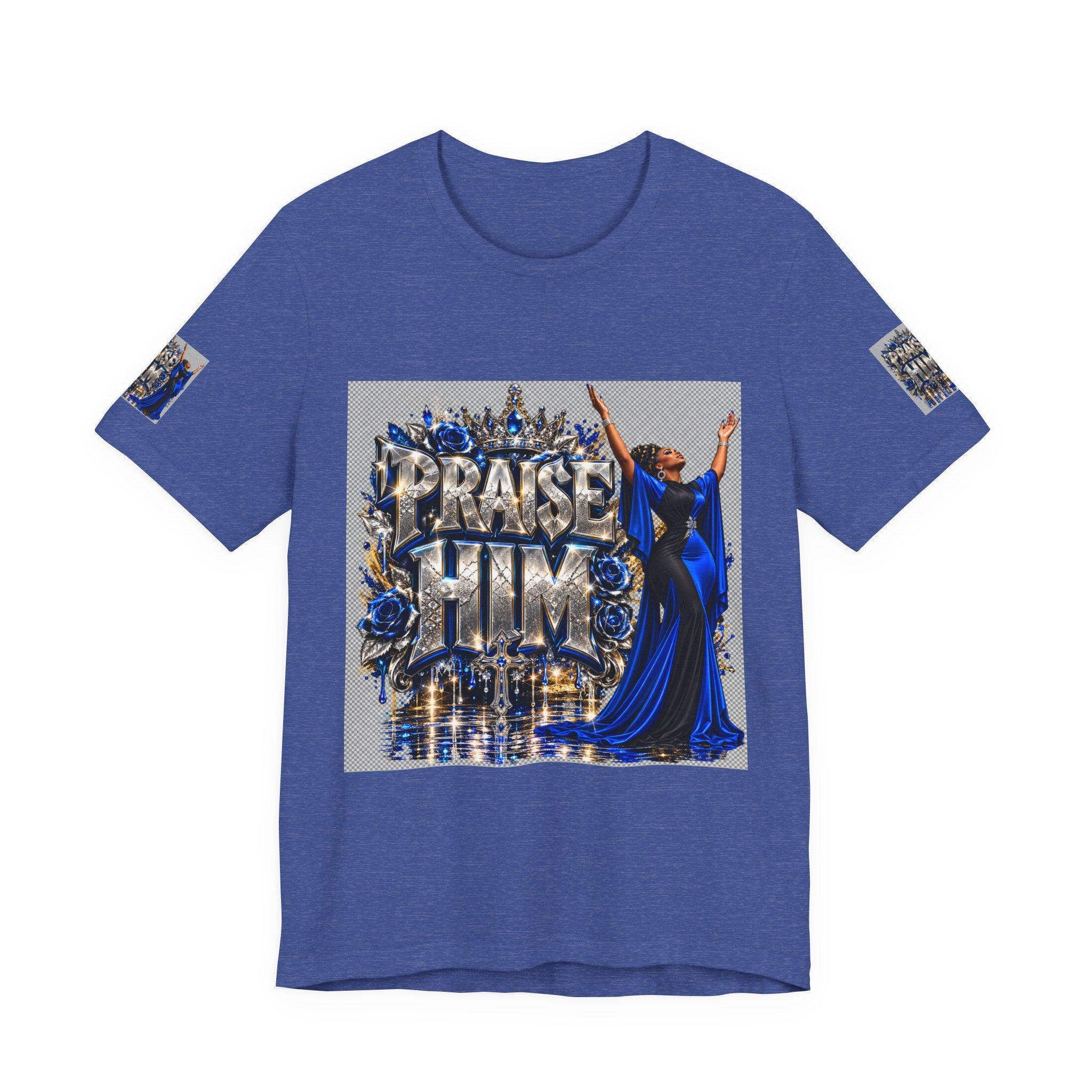 Praise Him design T-Shirt | Religious Christian worship graphic, blue gown worshiper, view 8