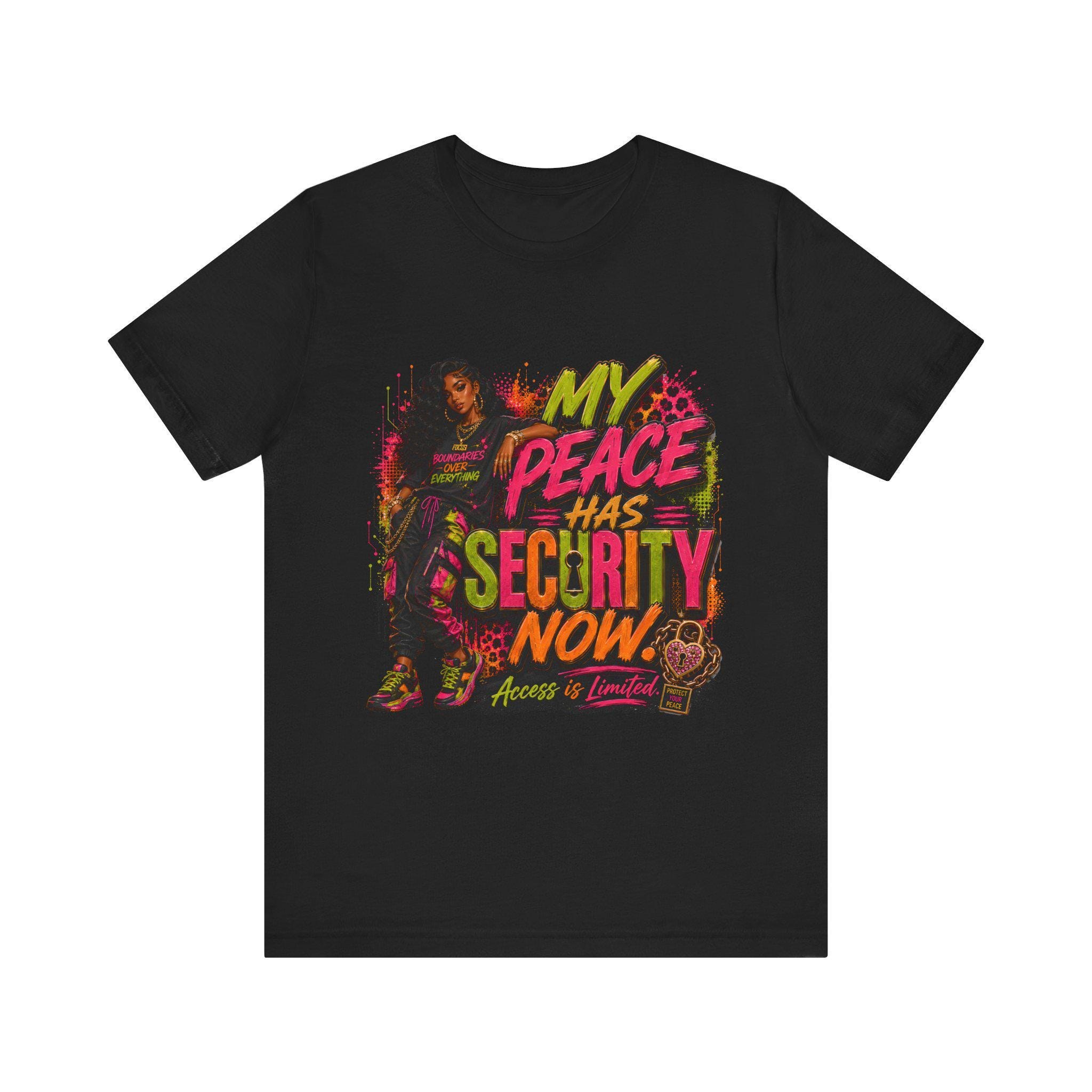 My Peace Has Security Now tee | Bold graffiti text, woman illustration, neon grunge, view 3