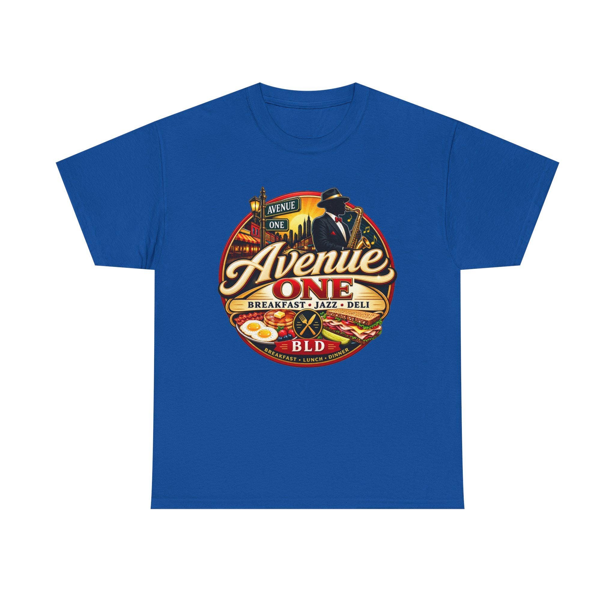 Avenue One Deli Logo Tee | Retro Breakfast Jazz Diner Design, view 4