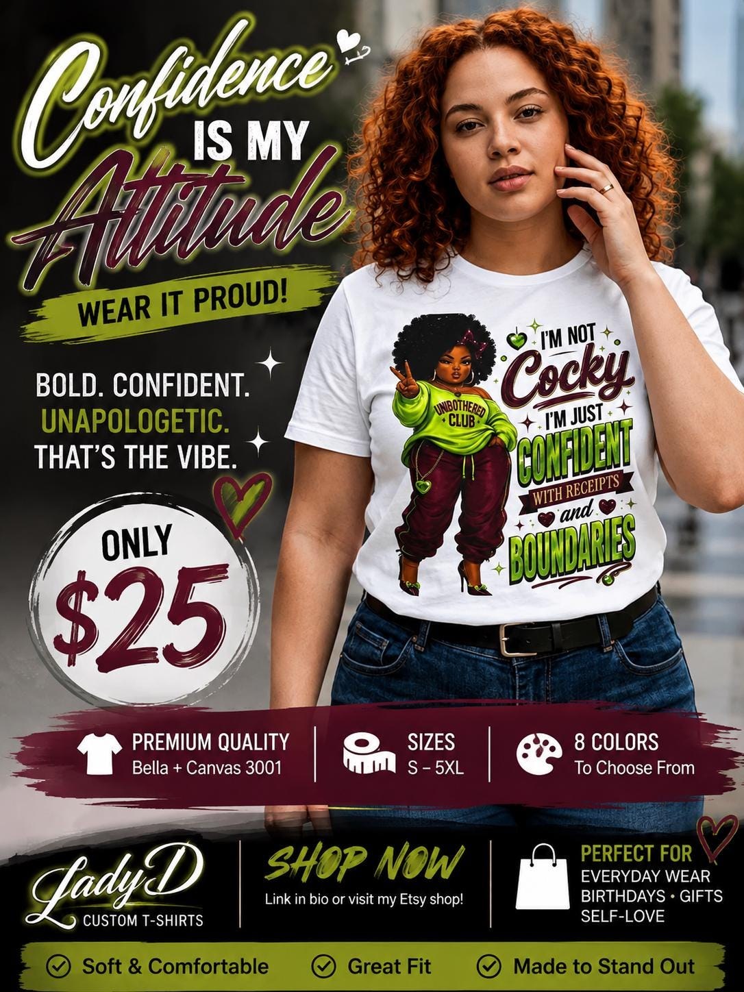 Confident Afro Girl I'm Not Cocky I'm Just Confident Tee | Feminine Empowerment T-Shirt, view 3