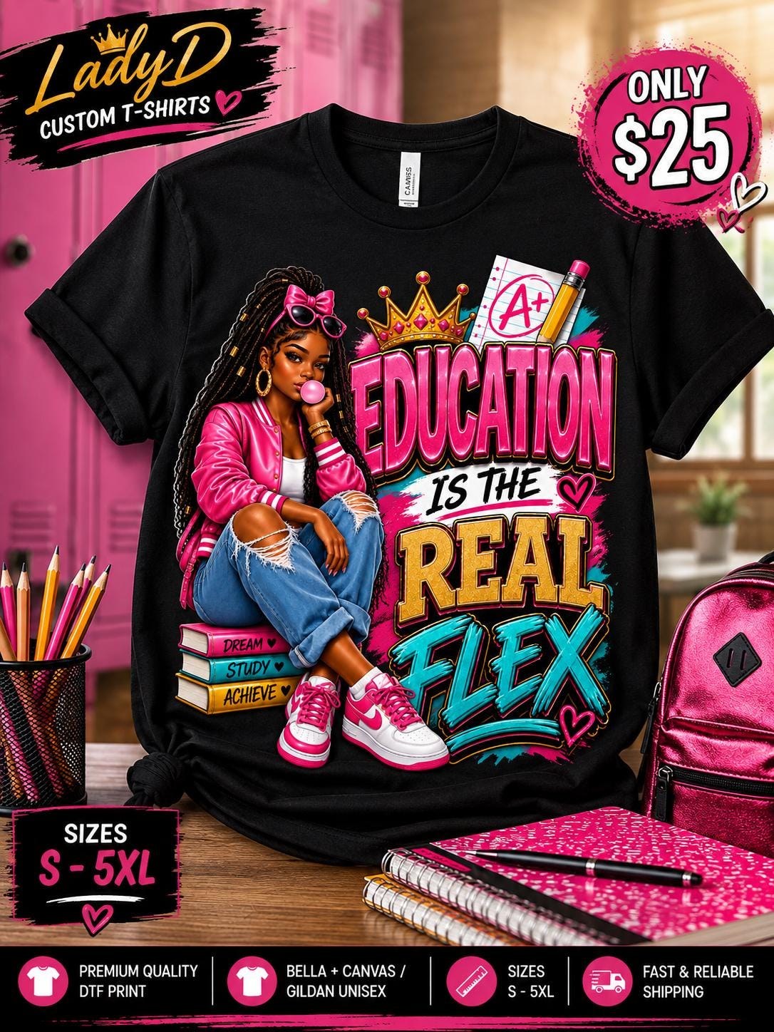 Education Is The Real Flex tee | Girl Student Graphic Shirt, Back-to-School, view 2
