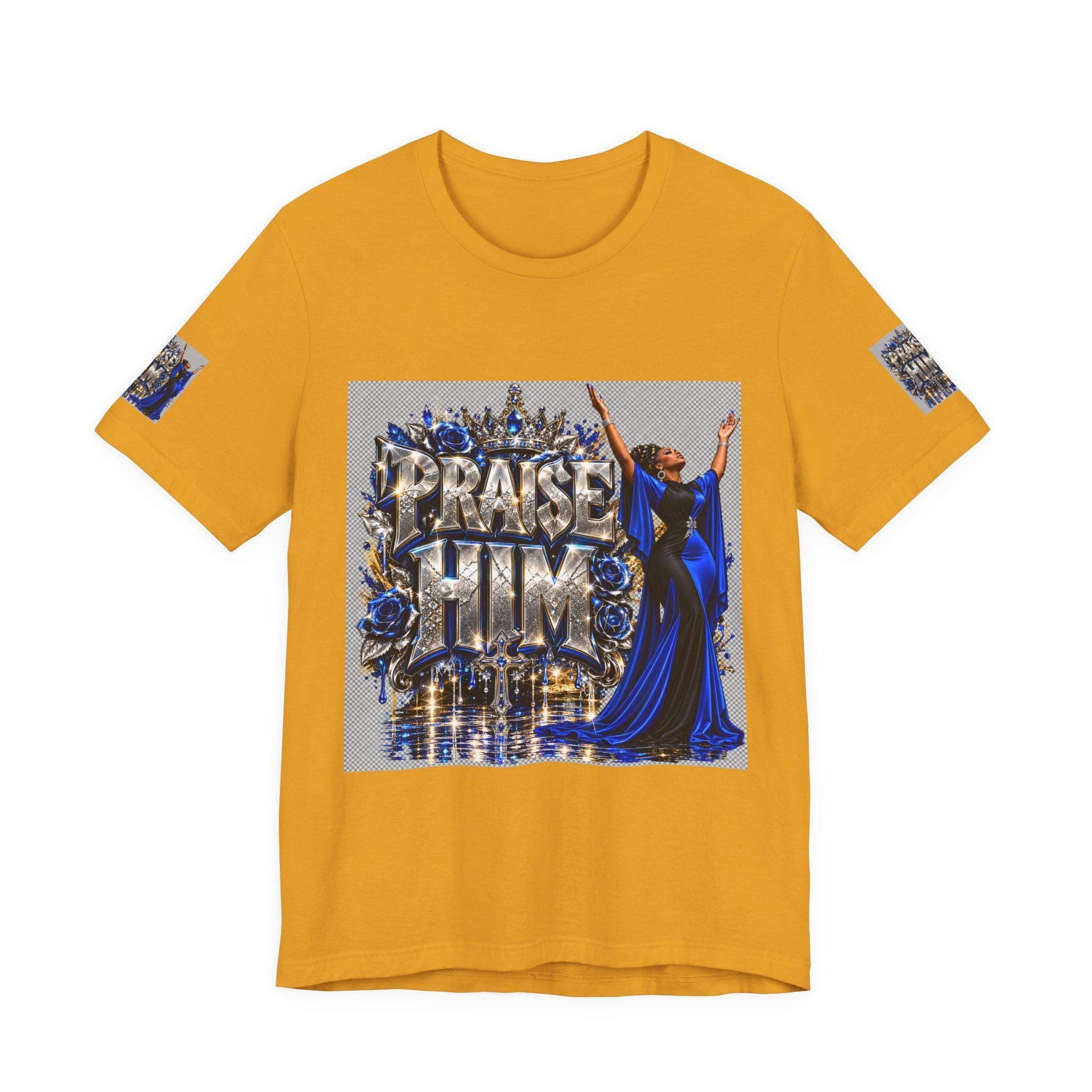 Praise Him design T-Shirt | Religious Christian worship graphic, blue gown worshiper, view 5
