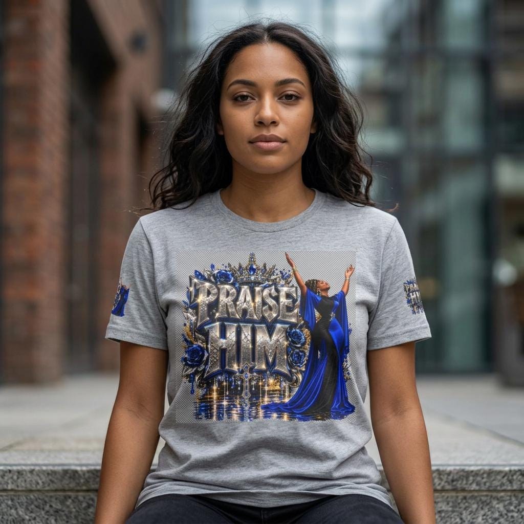 Praise Him design T-Shirt | Religious Christian worship graphic, blue gown worshiper
