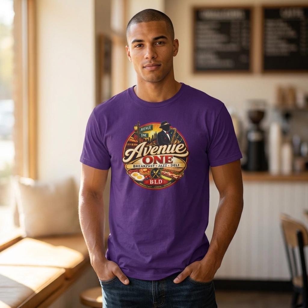 Avenue One Deli Logo Tee | Retro Breakfast Jazz Diner Design