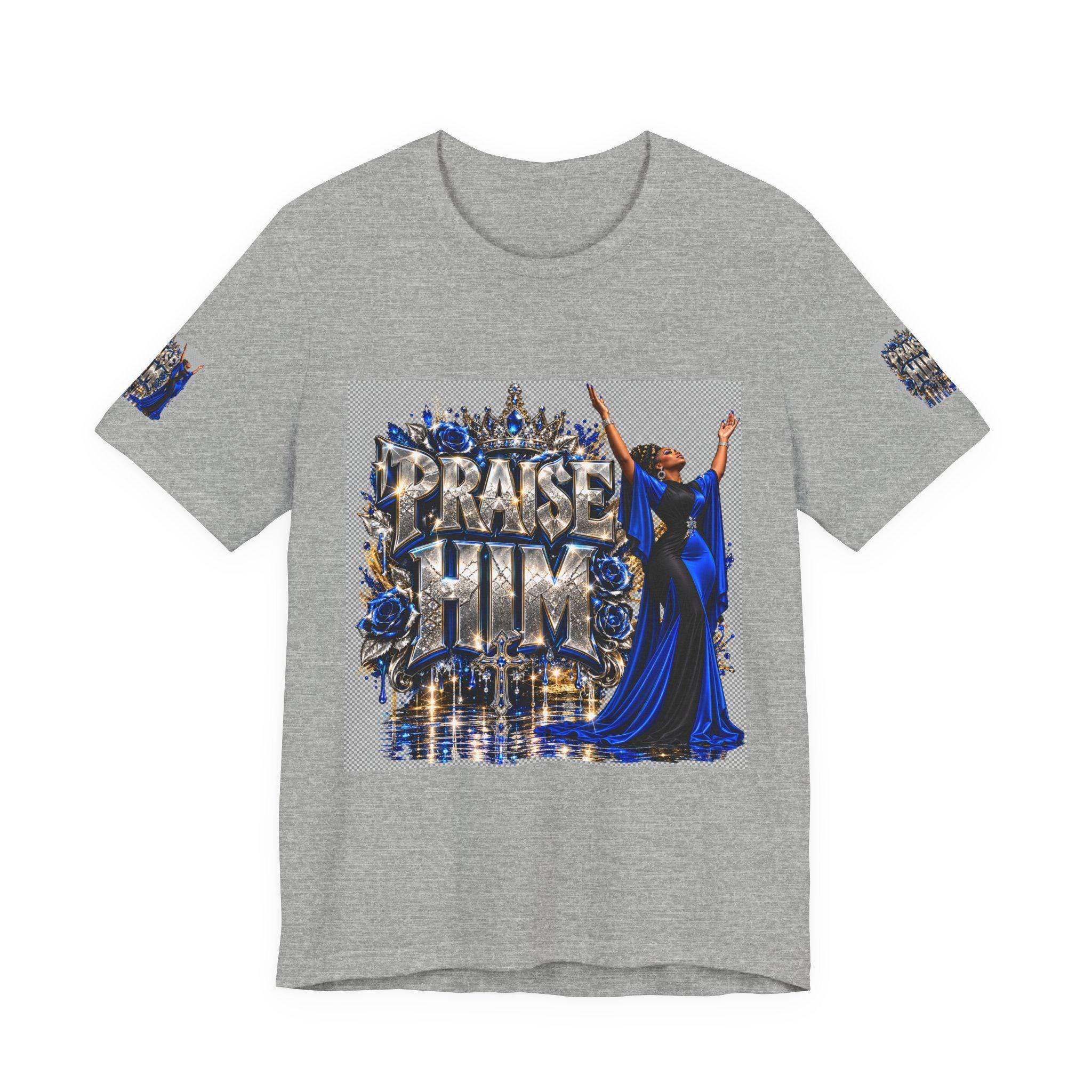 Praise Him design T-Shirt | Religious Christian worship graphic, blue gown worshiper, view 7