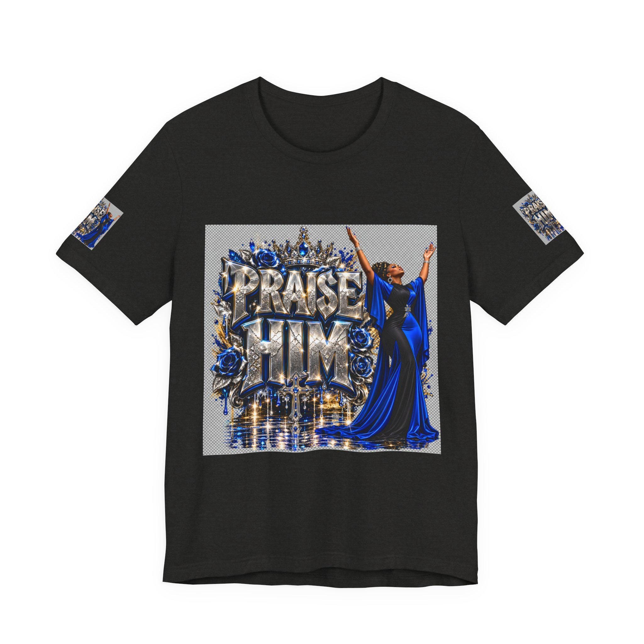 Praise Him design T-Shirt | Religious Christian worship graphic, blue gown worshiper, view 6
