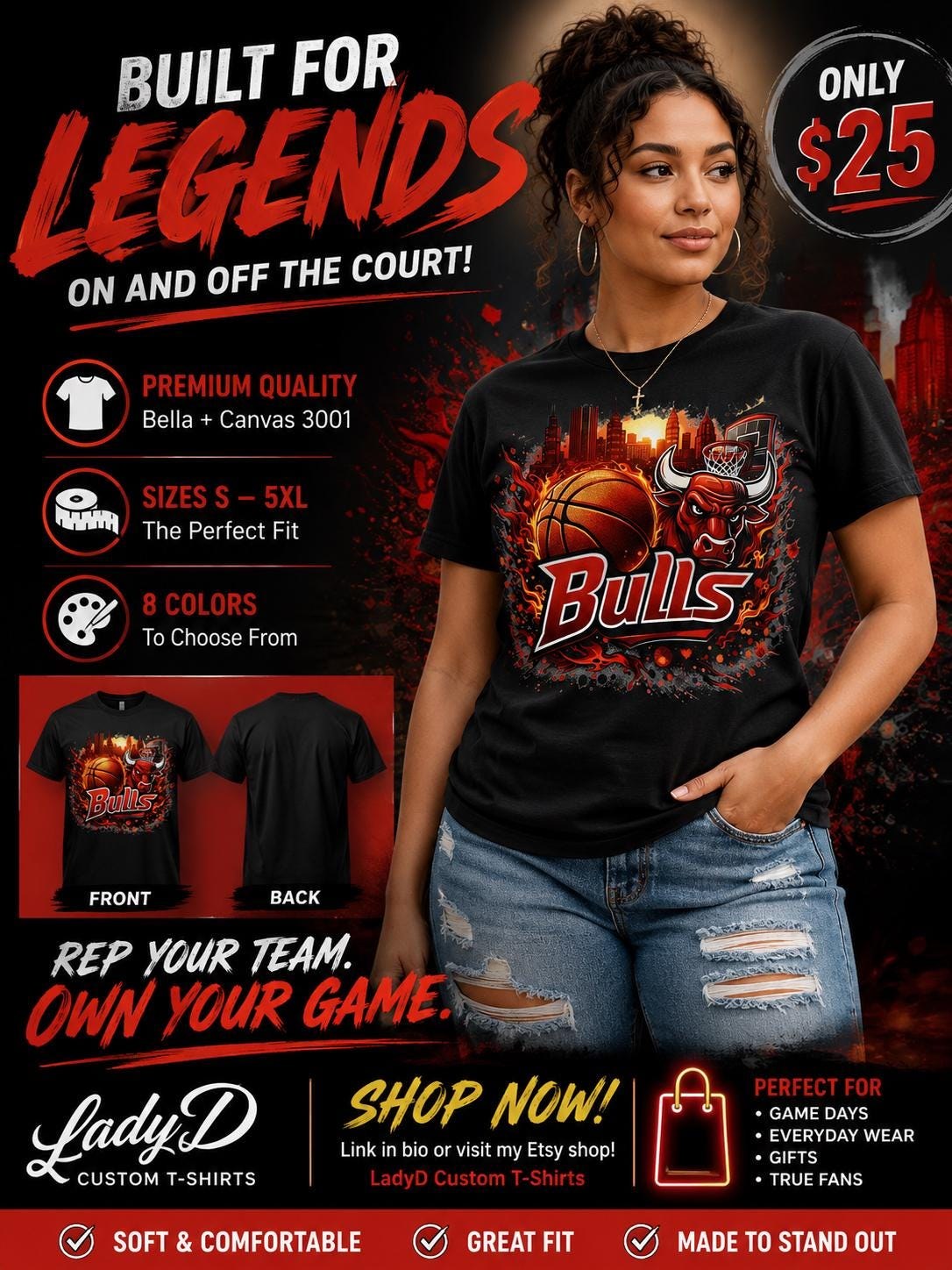 Chicago Bulls basketball logo T-Shirt | Chicago skyline hoop graphic, view 2