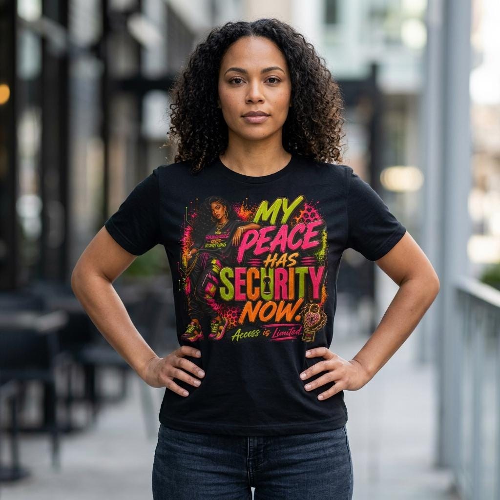 My Peace Has Security Now tee | Bold graffiti text, woman illustration, neon grunge
