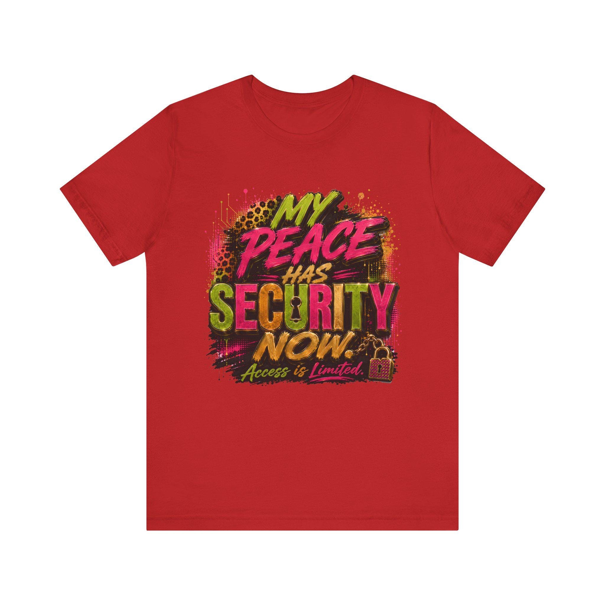 My Peace Has Security Now T-Shirt | Graphic Text Tee, Grunge Neon Design, view 5