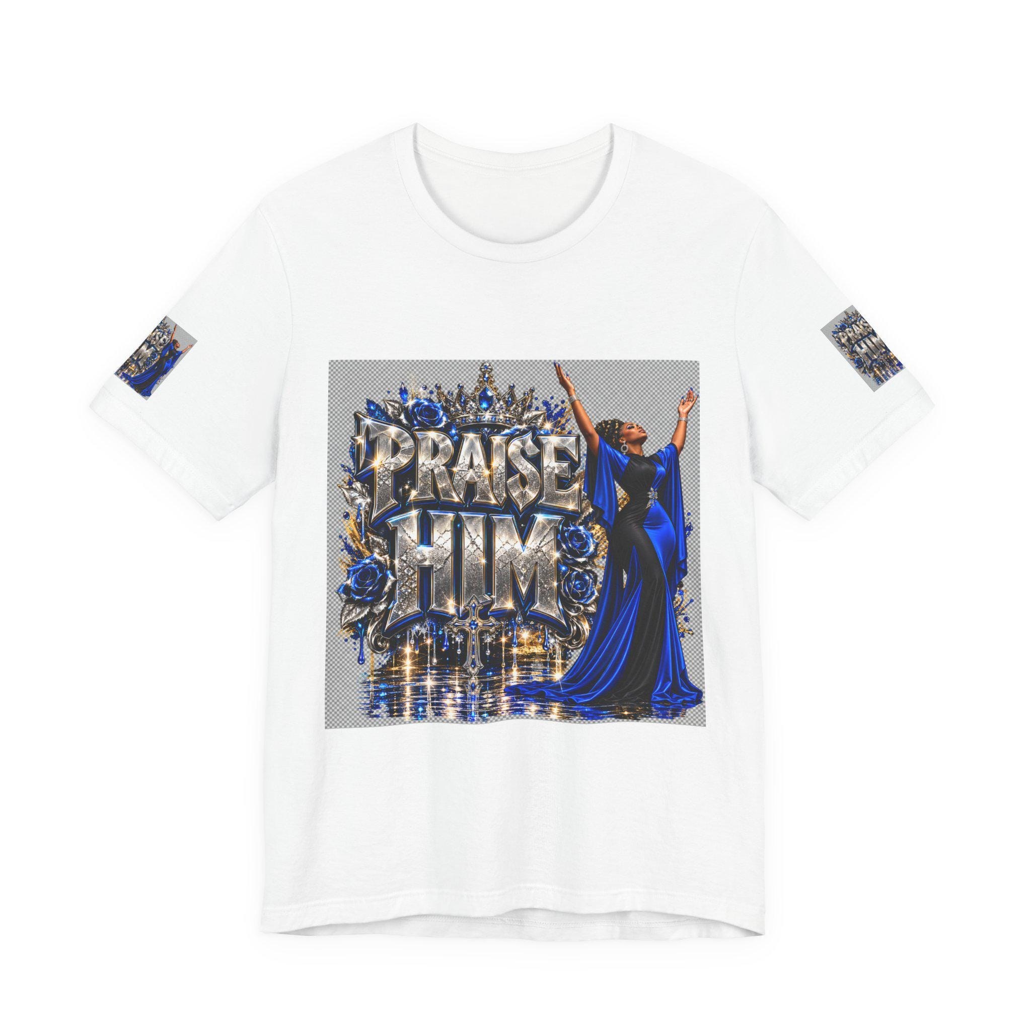 Praise Him design T-Shirt | Religious Christian worship graphic, blue gown worshiper, view 2