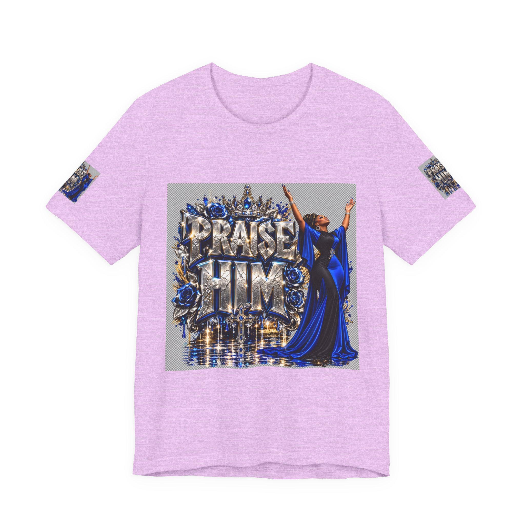Praise Him design T-Shirt | Religious Christian worship graphic, blue gown worshiper, view 9