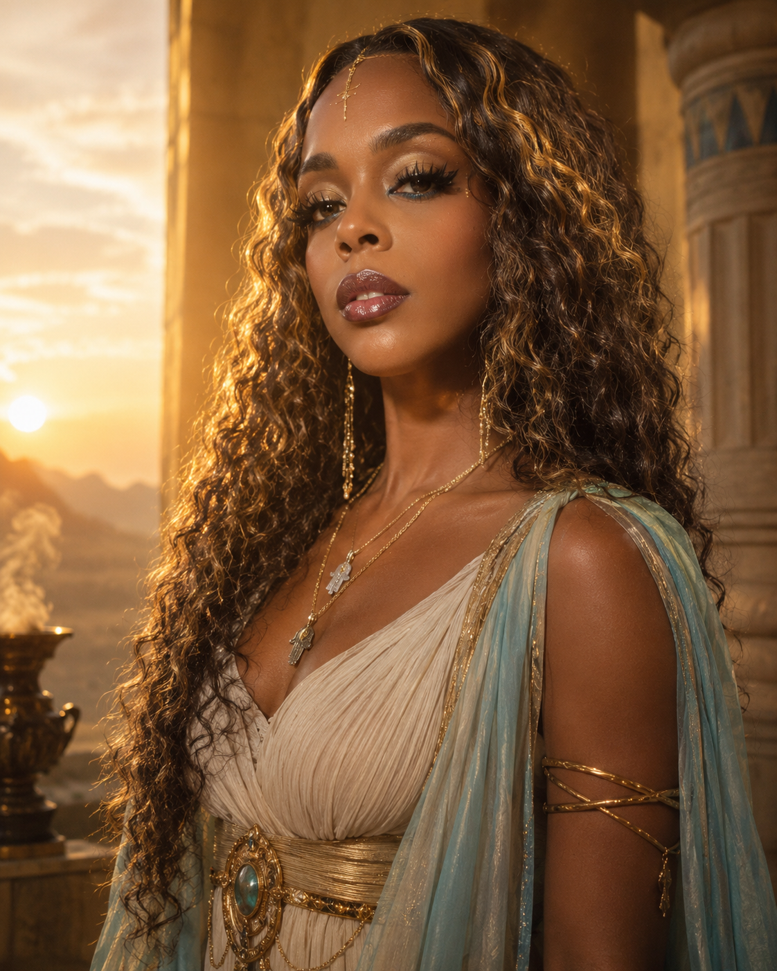 Goddess Aja in a ceremonial Egyptian-inspired setting