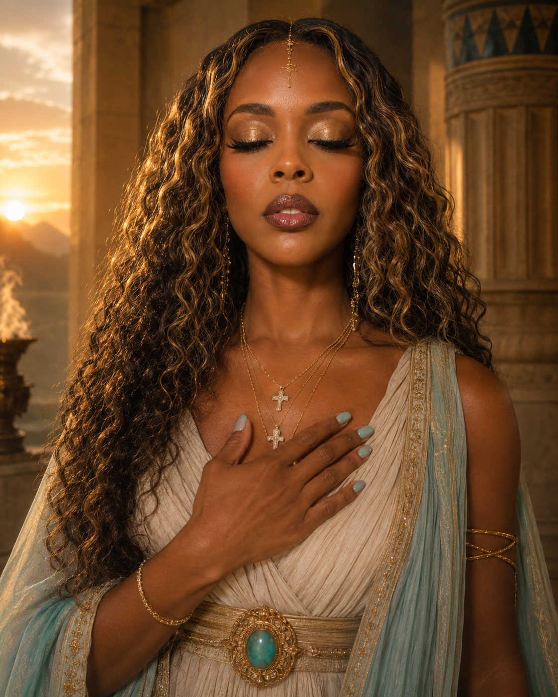 Goddess Aja with eyes closed and a hand over her heart