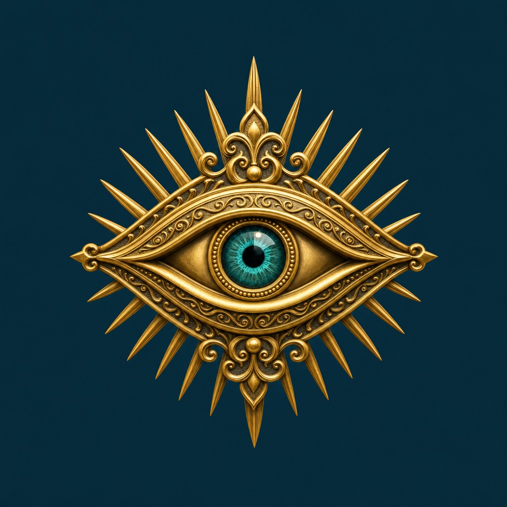 An ornate sculpted gold psychic eye with a teal gemstone iris