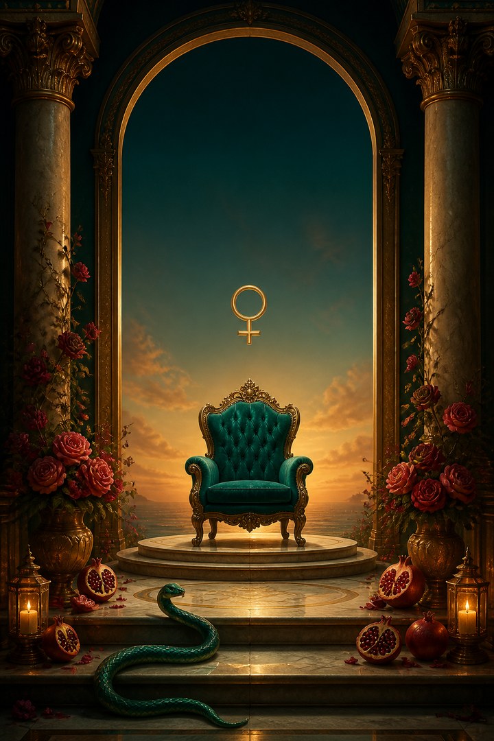 Teal velvet throne beneath a gold arch for the House of Magnetic Sovereignty