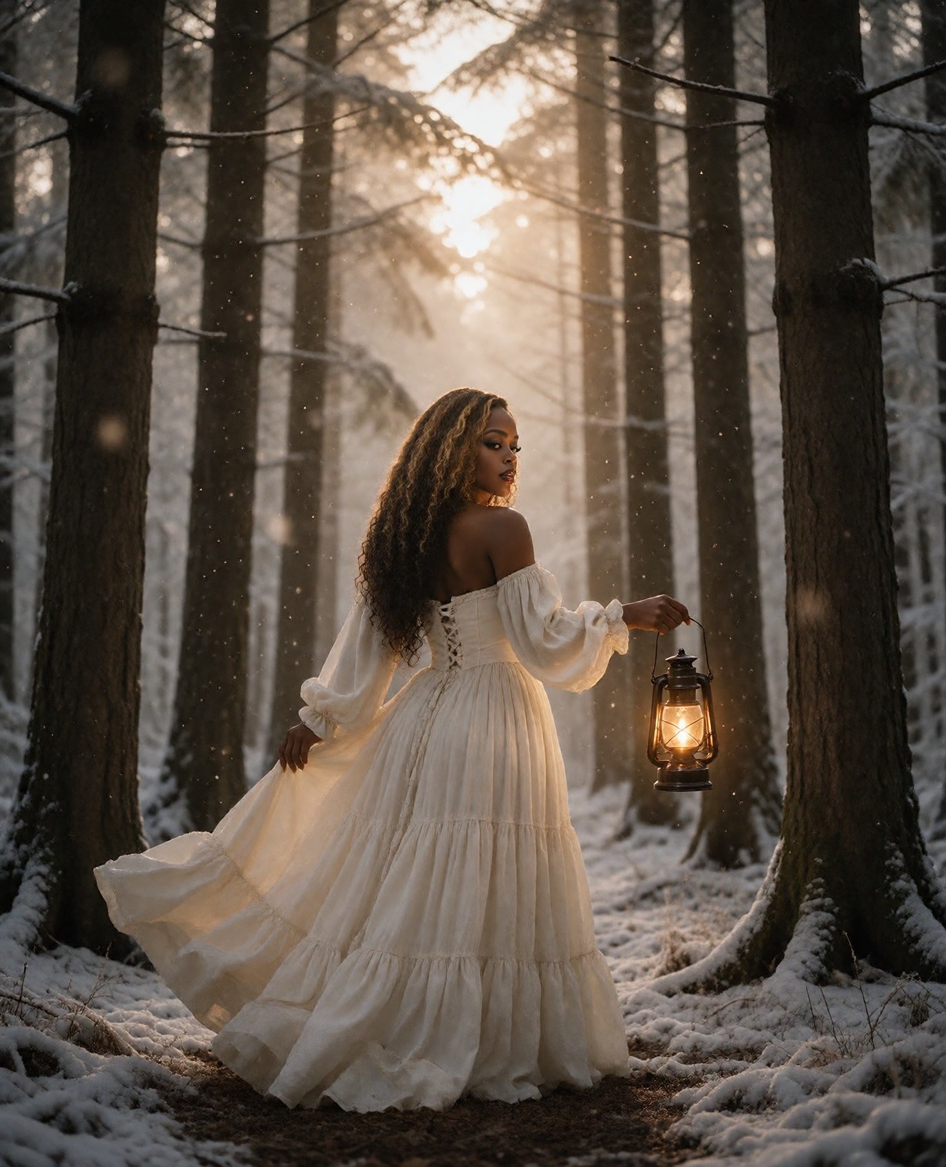 Goddess Aja looking back along a forest path while holding a glowing lantern
