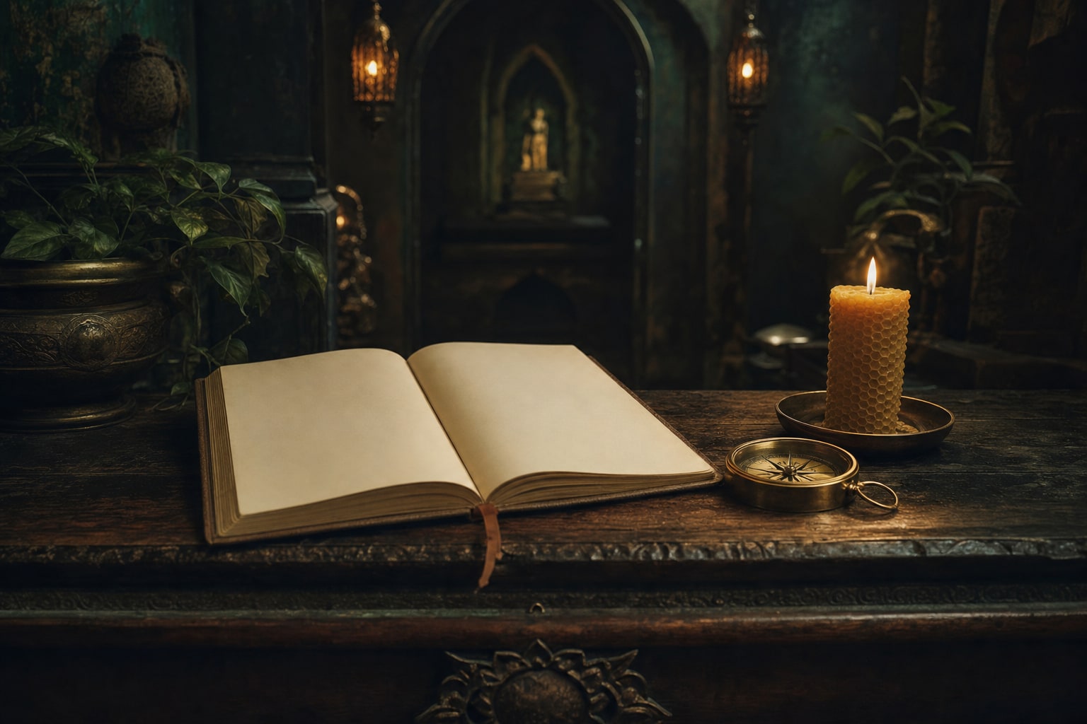 Open journal, compass, and candle in a quiet contemplative setting